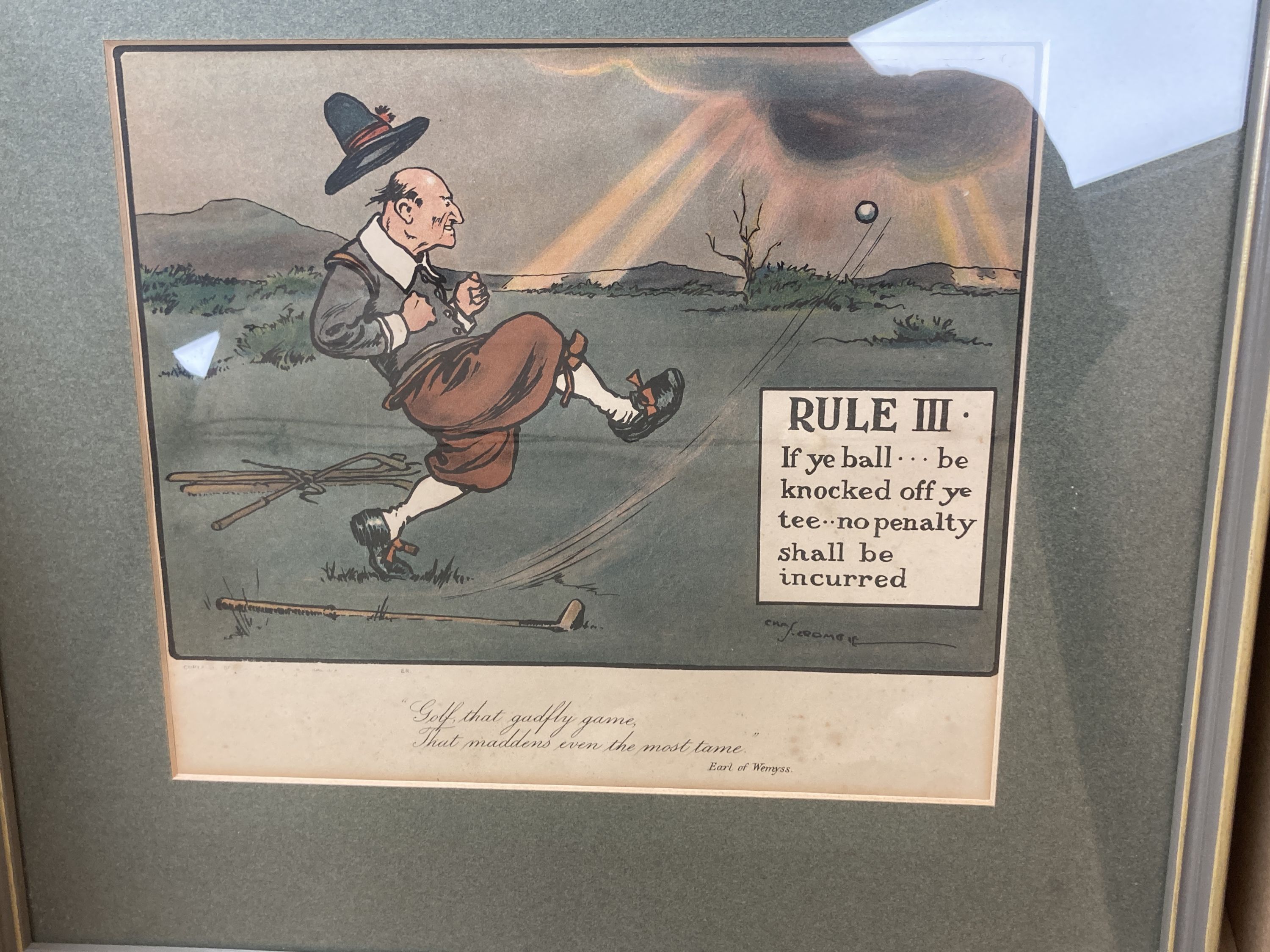 Charles Crombie, set of twelve comical golfing prints, Perrier Golf Rules